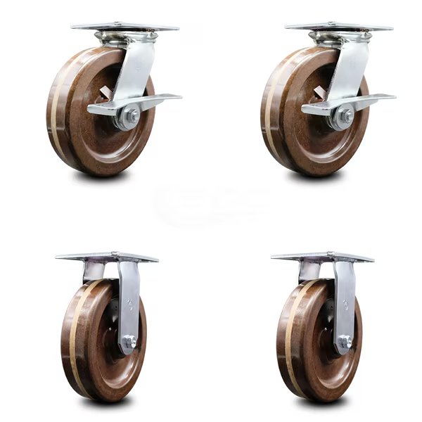 8 Inch High Temp Phenolic Caster Set with Roller Bearing 2 Brakes and 2 Rigid, Service Caster, Mfr#: SCC-35S820-PHRHT-SLB-2-R-2